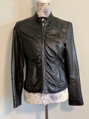 Vintage Wilsons Leather Classic Ruched Black Leather Moto Jacket Size Medium Y2K